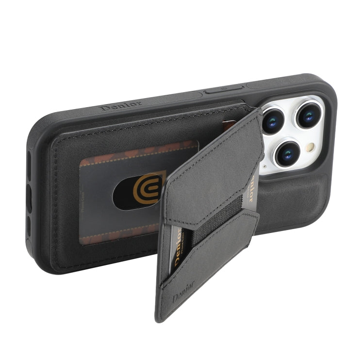 For iPhone 16 Pro Max Denior D18 Skin Feel Rotating Holder MagSafe Detachable Card Slot Phone Case(Black)