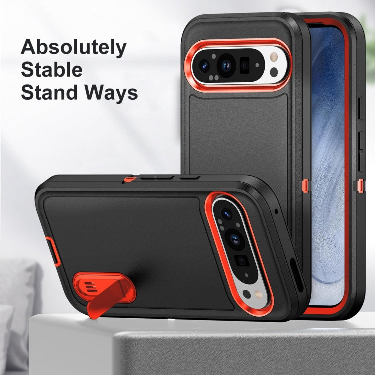For Google Pixel 9 Pro Rugged PC + Silicone Phone Case with Holder(Black+Orange)