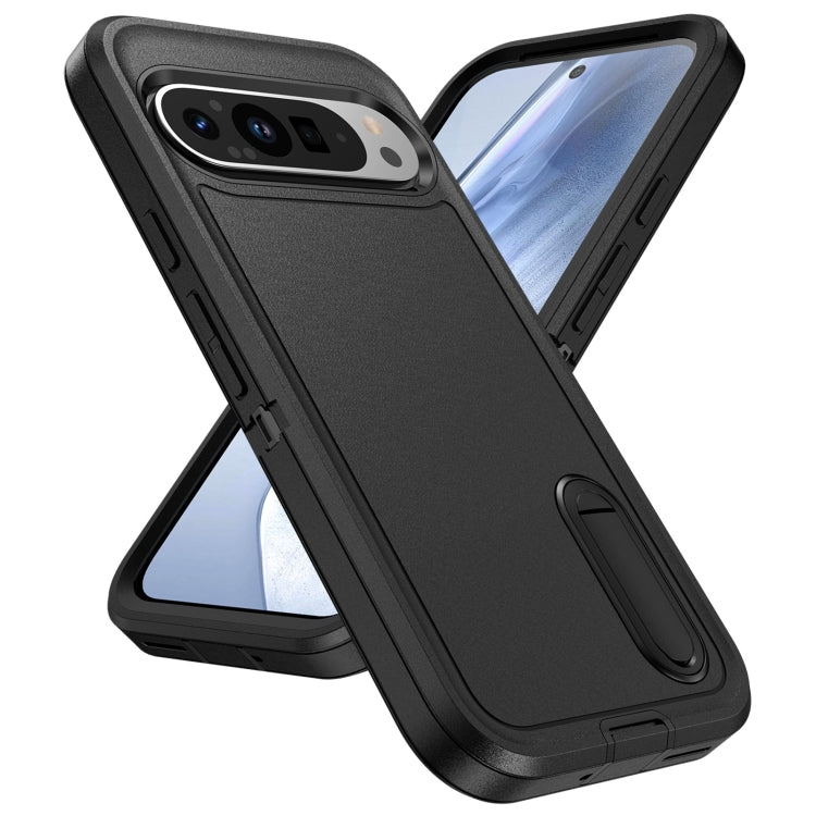 For Google Pixel 9 Pro Rugged PC + Silicone Phone Case with Holder(Black)