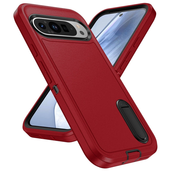 For Google Pixel 9 Pro Rugged PC + Silicone Phone Case with Holder(Red+Black)
