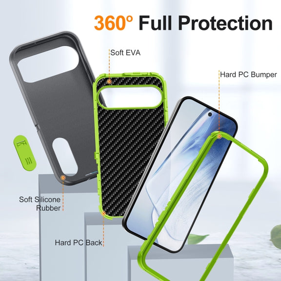 For Google Pixel 9 Pro Rugged PC + Silicone Phone Case with Holder(Grey+Fresh Green)