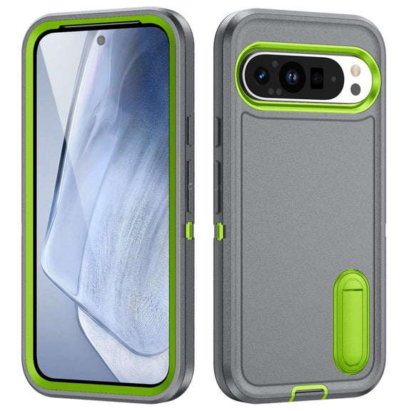 For Google Pixel 9 Pro Rugged PC + Silicone Phone Case with Holder(Grey+Fresh Green)