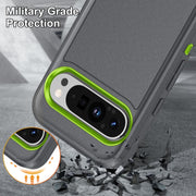 For Google Pixel 9 Pro Rugged PC + Silicone Phone Case with Holder(Grey+Fresh Green)