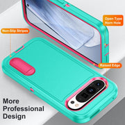 For Google Pixel 9 Pro Rugged PC + Silicone Phone Case with Holder(Light Green+Rose Red)