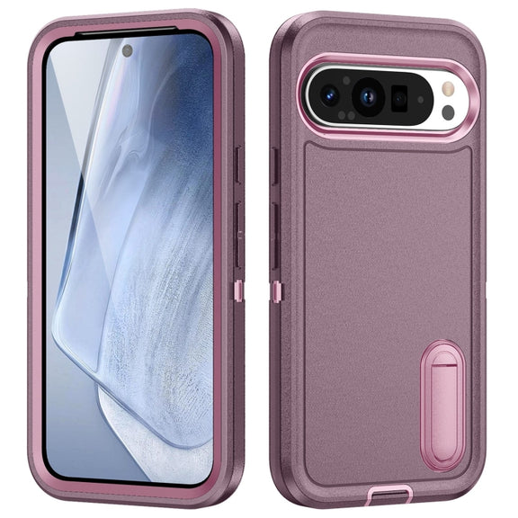 For Google Pixel 9 Pro Rugged PC + Silicone Phone Case with Holder(Purple+Pink)