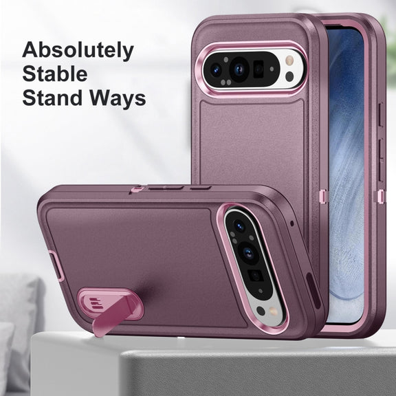 For Google Pixel 9 Pro Rugged PC + Silicone Phone Case with Holder(Purple+Pink)
