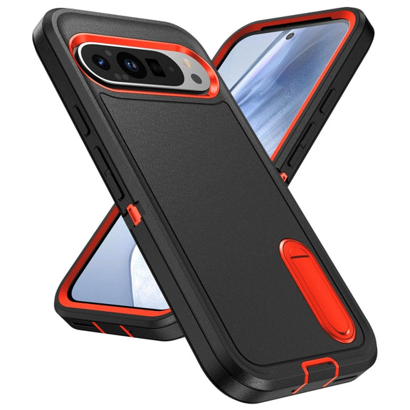 For Google Pixel 9 Rugged PC + Silicone Phone Case with Holder(Black+Orange)