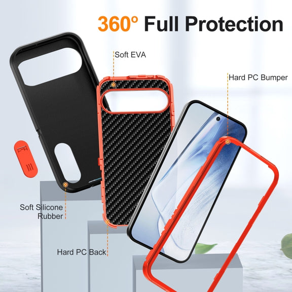For Google Pixel 9 Rugged PC + Silicone Phone Case with Holder(Black+Orange)