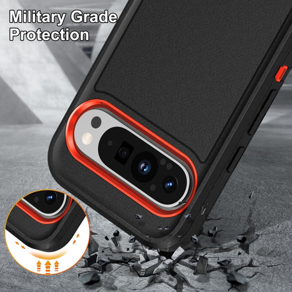 For Google Pixel 9 Rugged PC + Silicone Phone Case with Holder(Black+Orange)