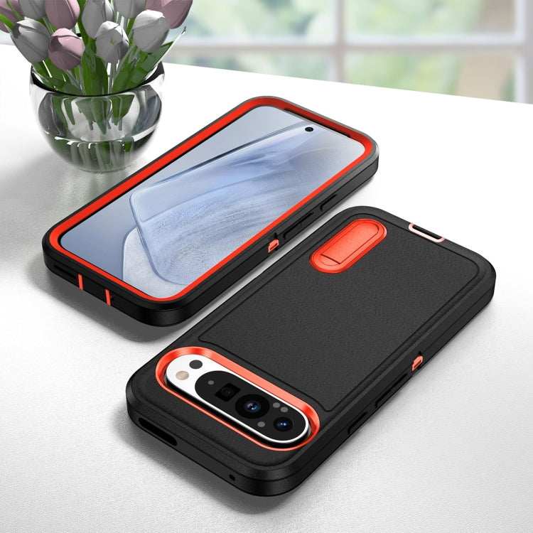For Google Pixel 9 Rugged PC + Silicone Phone Case with Holder(Black+Orange)
