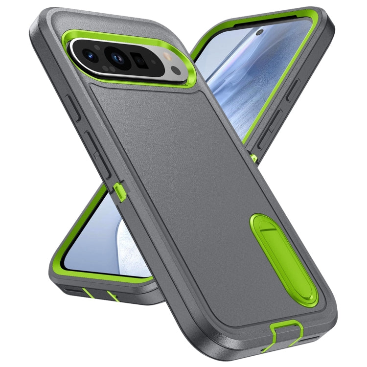 For Google Pixel 9 Rugged PC + Silicone Phone Case with Holder(Grey+Fresh Green)