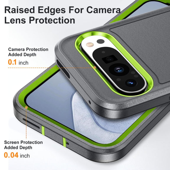 For Google Pixel 9 Rugged PC + Silicone Phone Case with Holder(Grey+Fresh Green)