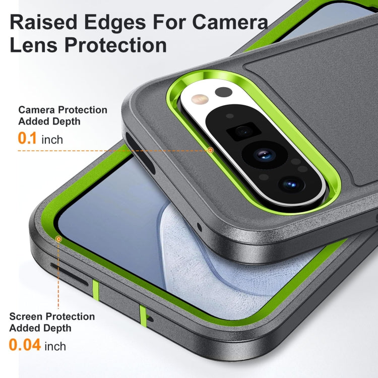 For Google Pixel 9 Rugged PC + Silicone Phone Case with Holder(Grey+Fresh Green)