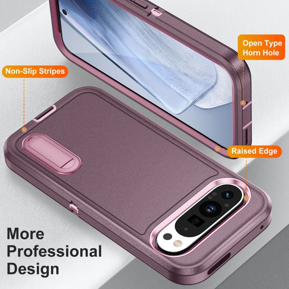 For Google Pixel 9 Rugged PC + Silicone Phone Case with Holder(Purple+Pink)