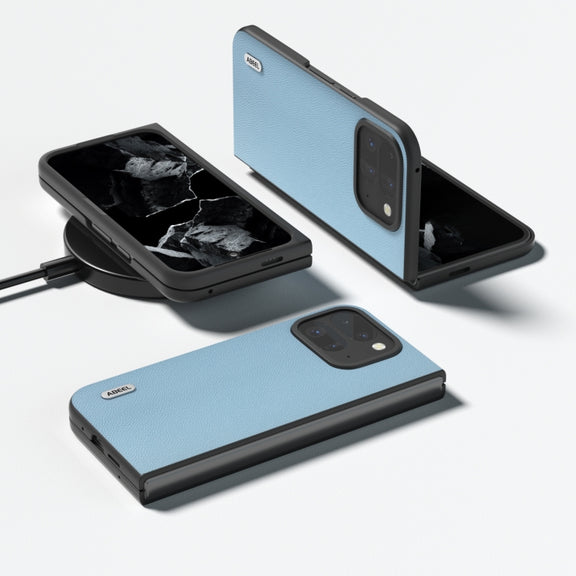 For Google Pixel 9 Pro Fold ABEEL Genuine Leather Elegant Black Edge Phone Case(Sky Blue)