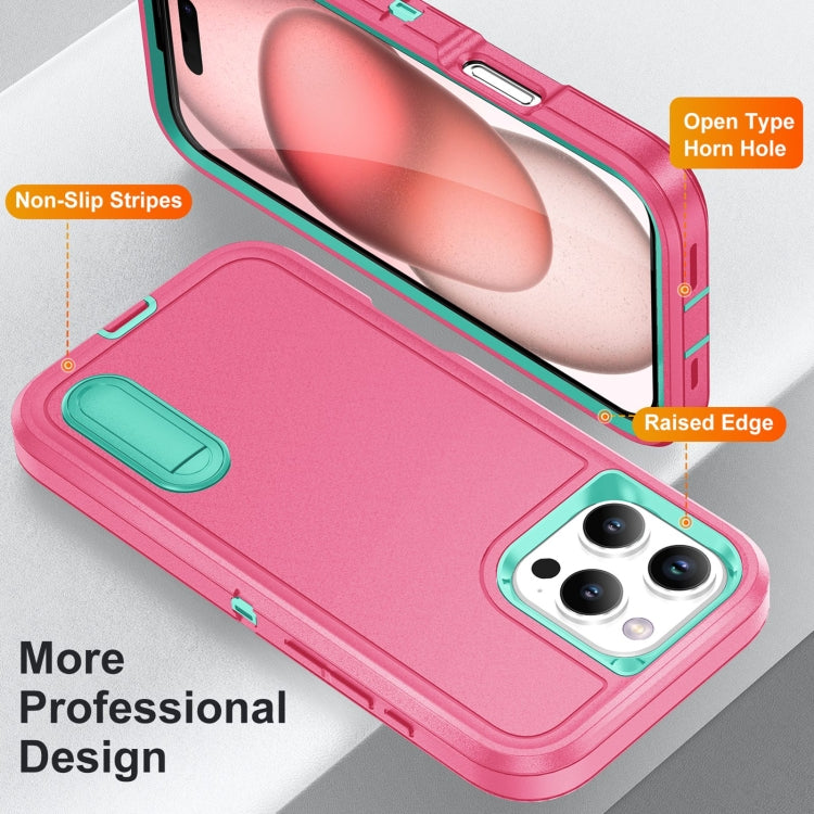 For iPhone 16 Pro Max Rugged PC + Silicone Phone Case with Holder(Rose Red+Light Green) - iPhone 16 Pro Max Cases by PMC TechLife | Online Shopping South Africa | PMC TechLife | Buy Now Pay Later Mobicred
