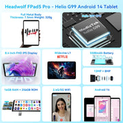 HEADWOLF Fpad5 Pro 4G LTE Tablet PC, 8GB+256GB, 8.4 inch Android 14 MT6789 Octa Core Support Dual SIM, Global Version with Google Play(Black)