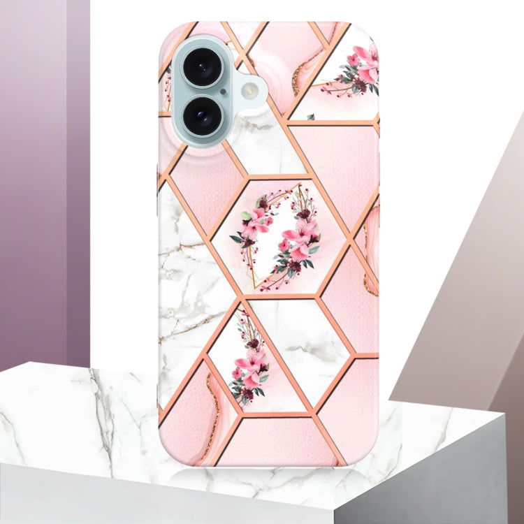 For iPhone 16 Plus Splicing Marble Flower IMD TPU Phone Case(Pink Flower) - iPhone 16 Plus Cases by PMC TechLife | Online Shopping South Africa | PMC TechLife | Buy Now Pay Later Mobicred