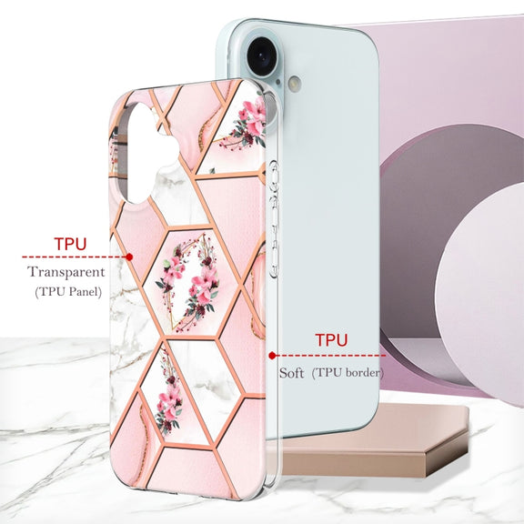 For iPhone 16 Plus Splicing Marble Flower IMD TPU Phone Case(Pink Flower)
