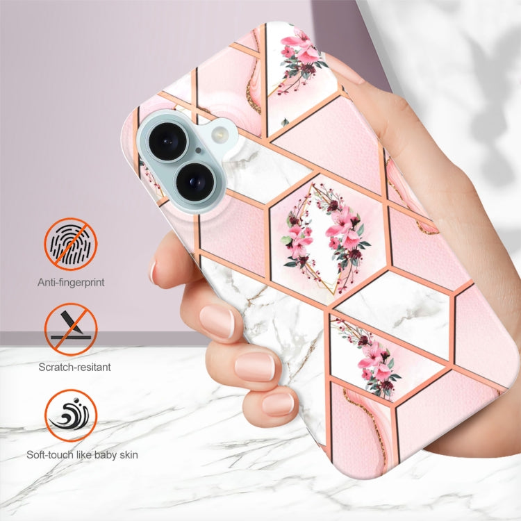 For iPhone 16 Splicing Marble Flower IMD TPU Phone Case(Pink Flower)