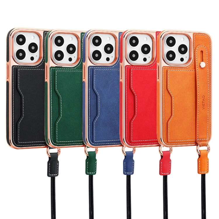 For iPhone 15 Pro Max VIETAO Card Slot Wristband Phone Case with Lanyard(Orange)