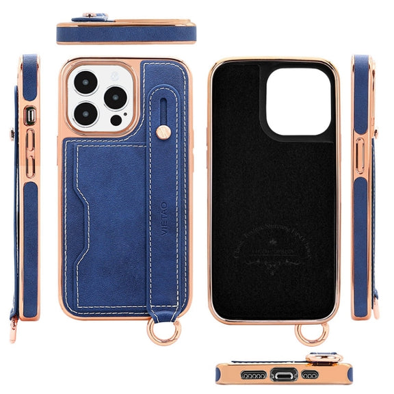 For iPhone 15 Pro Max VIETAO Card Slot Wristband Phone Case with Lanyard(Orange)
