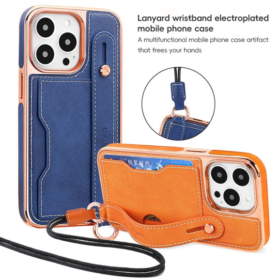 For iPhone 15 Pro Max VIETAO Card Slot Wristband Phone Case with Lanyard(Orange)