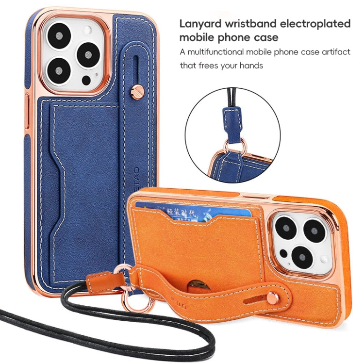 For iPhone 15 Pro Max VIETAO Card Slot Wristband Phone Case with Lanyard(Orange)