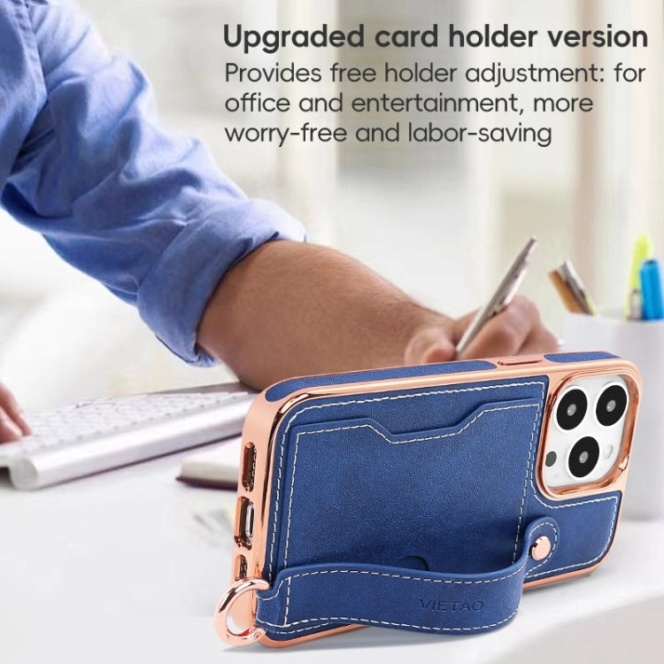 For iPhone 15 Pro Max VIETAO Card Slot Wristband Phone Case with Lanyard(Orange)