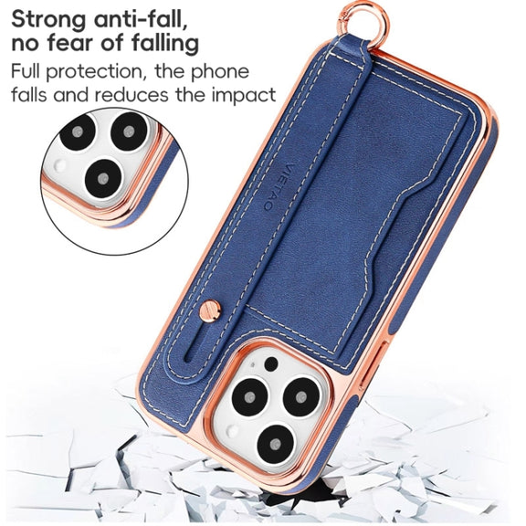 For iPhone 15 Pro Max VIETAO Card Slot Wristband Phone Case with Lanyard(Orange)