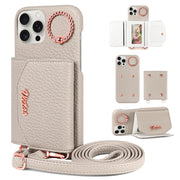 For iPhone 15 Pro Max VIETAO Ring Holder Card Bag Phone Case with Lanyard(Grey)