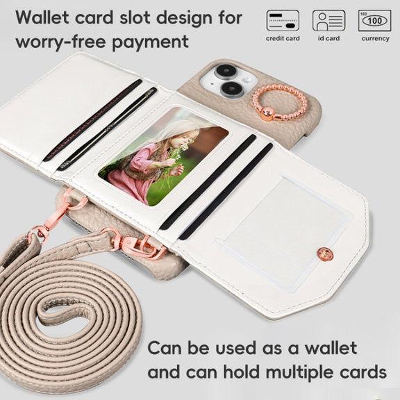 For iPhone 15 Pro Max VIETAO Ring Holder Card Bag Phone Case with Lanyard(Grey)