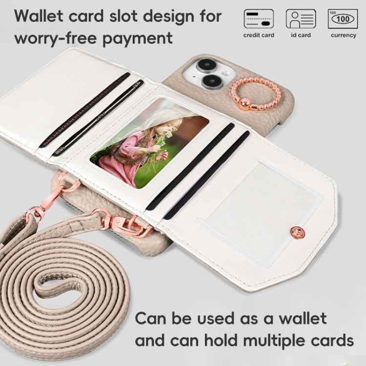 For iPhone 15 Pro Max VIETAO Ring Holder Card Bag Phone Case with Lanyard(Grey)