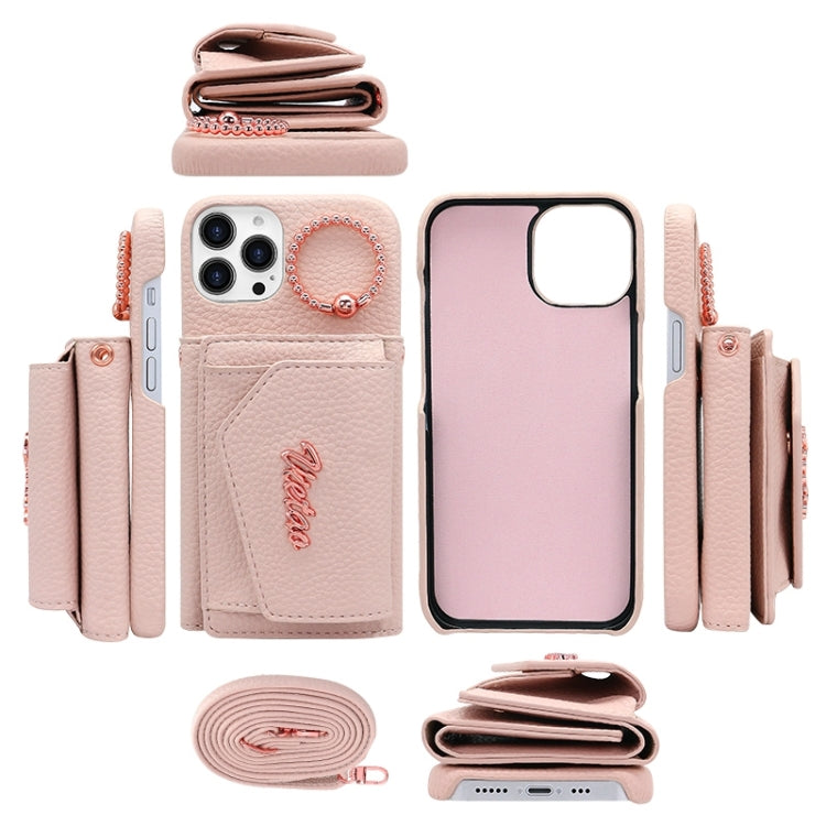 For iPhone 15 Pro Max VIETAO Ring Holder Wallet PU Phone Case with Lanyard(Pink)