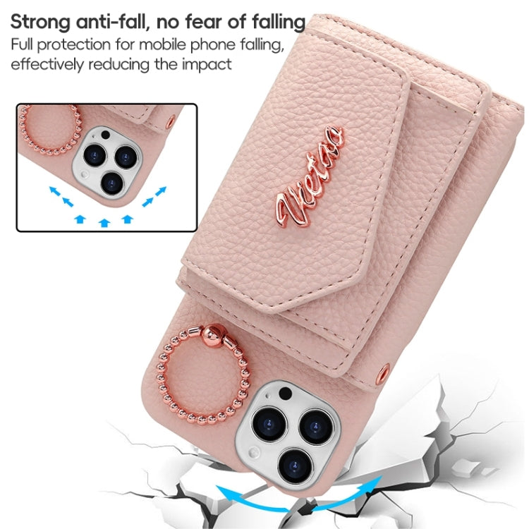 For iPhone 15 Pro Max VIETAO Ring Holder Wallet PU Phone Case with Lanyard(Pink)