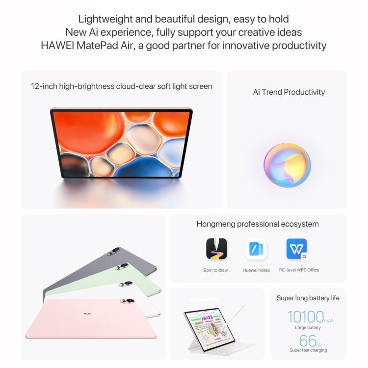 HUAWEI MatePad Air 12 inch WiFi Tablet PC, 8GB+256GB, HarmonyOS 4.2 Hisilicon Kirin 9000W, Not Support Google Play(Grey)