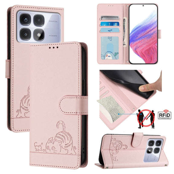 For Redmi K70 Ultra 5G Global Cat Rat Embossed Pattern RFID Leather Phone Case with Lanyard(Pink)
