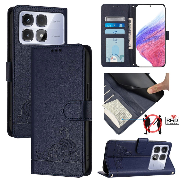 For Redmi K70 Ultra 5G Global Cat Rat Embossed Pattern RFID Leather Phone Case with Lanyard(Blue) - free shipping - PMC Jewellery - Order now!