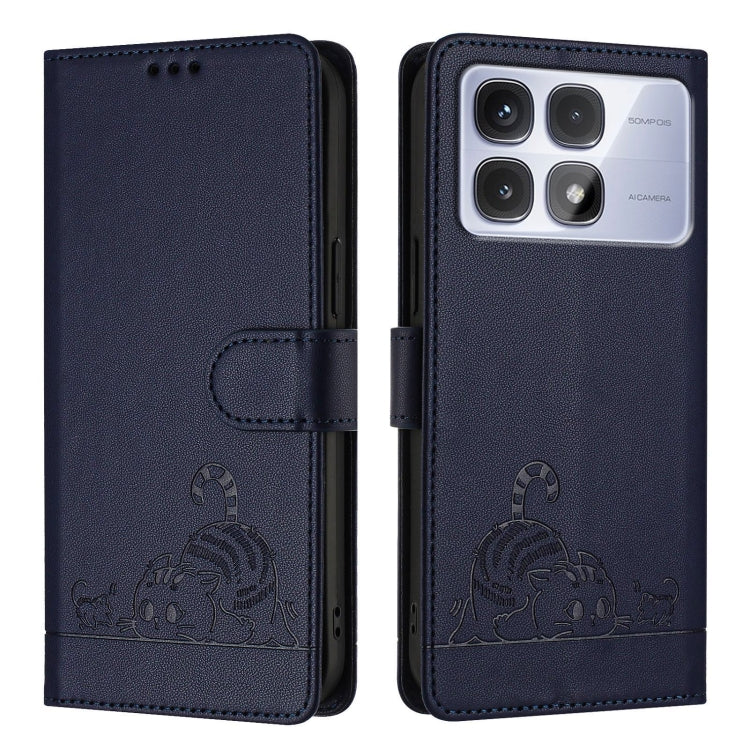 For Redmi K70 Ultra 5G Global Cat Rat Embossed Pattern RFID Leather Phone Case with Lanyard(Blue) - free shipping - PMC Jewellery - Order now!
