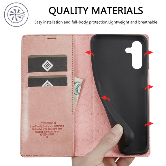 For Samsung Galaxy S24 FE 5G LC.IMEEKE Strong Magnetism Microfiber Leather Phone Case(Rose Gold)