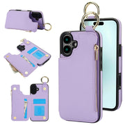For iPhone 16 RFlD Anti-theft Double Buckle Ring Zipper Card Phone Case(Purple)