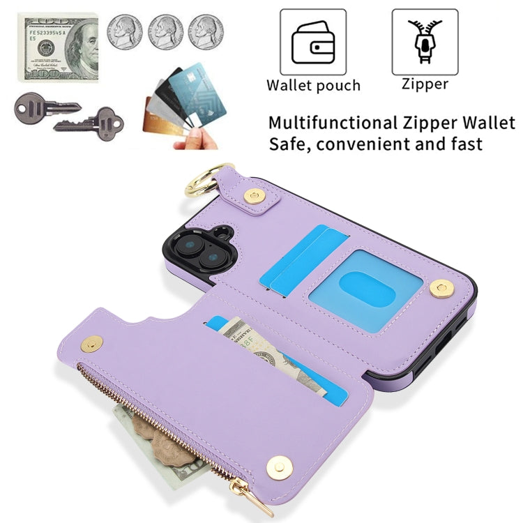 For iPhone 16 RFlD Anti-theft Double Buckle Ring Zipper Card Phone Case(Purple)