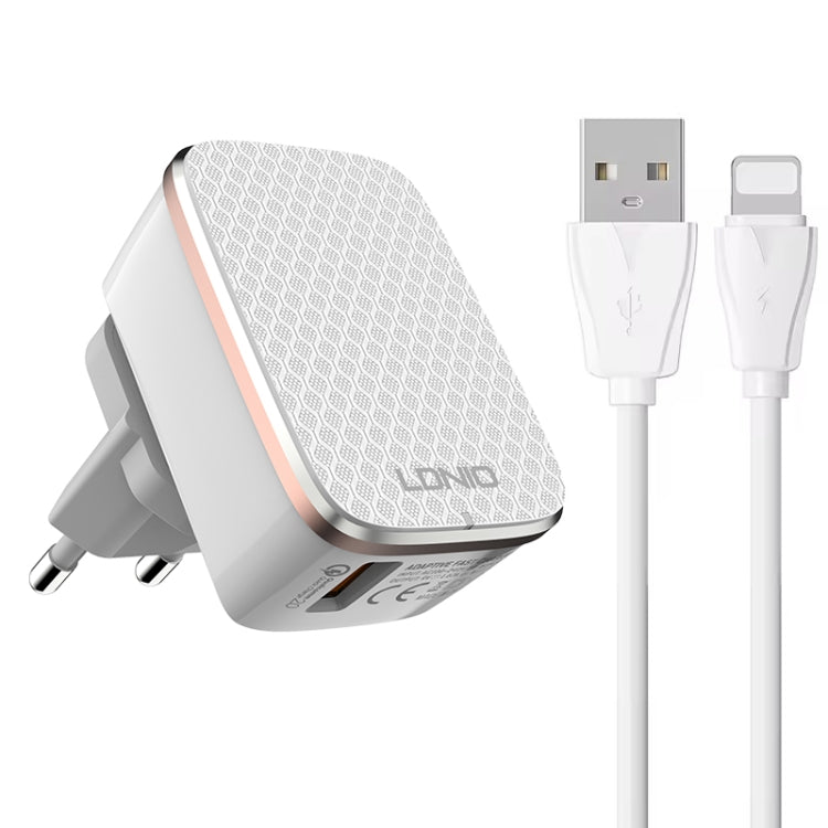 LDNIO A1204Q QC3.0 18W USB Fast Charger with 1m USB to 8 Pin Cable, Plug Type:EU Plug(White Gold) - free shipping - PMC Jewellery - Order now!