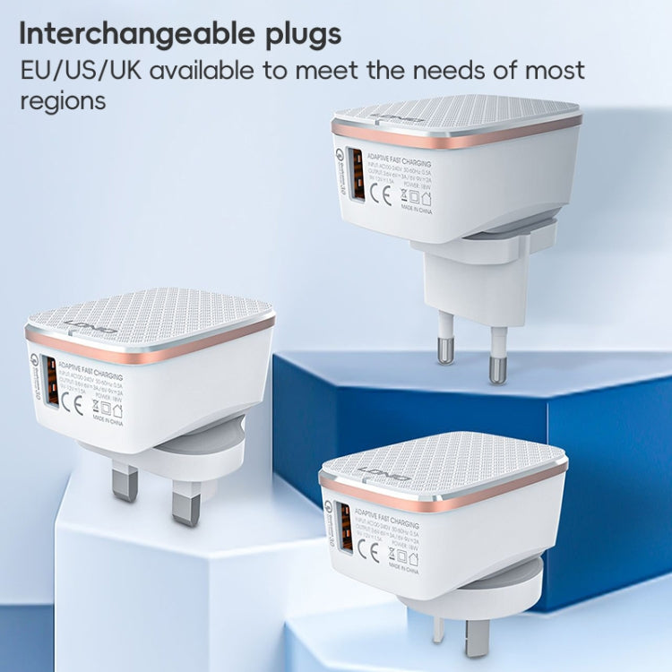 LDNIO A1204Q QC3.0 18W USB Fast Charger with 1m USB to 8 Pin Cable, Plug Type:EU Plug(White Gold)