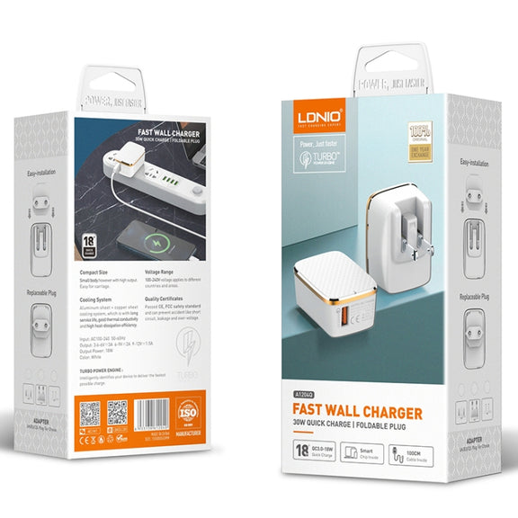 LDNIO A1204Q QC3.0 18W USB Fast Charger with 1m USB to 8 Pin Cable, Plug Type:US Plug(White Gold)