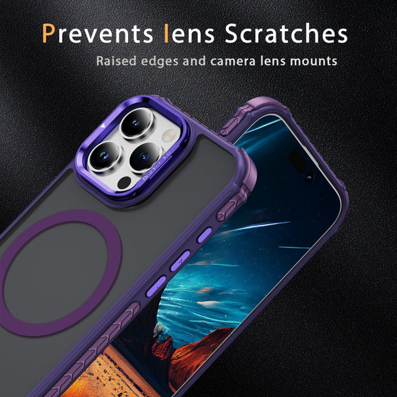 For iPhone 16 Pro Rainbow Series Skin Feel MagSafe Lens Holder Phone Case(Dark Purple)