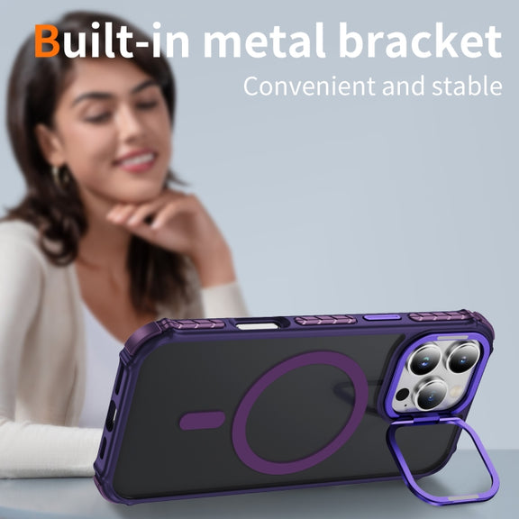 For iPhone 16 Pro Rainbow Series Skin Feel MagSafe Lens Holder Phone Case(Dark Purple)