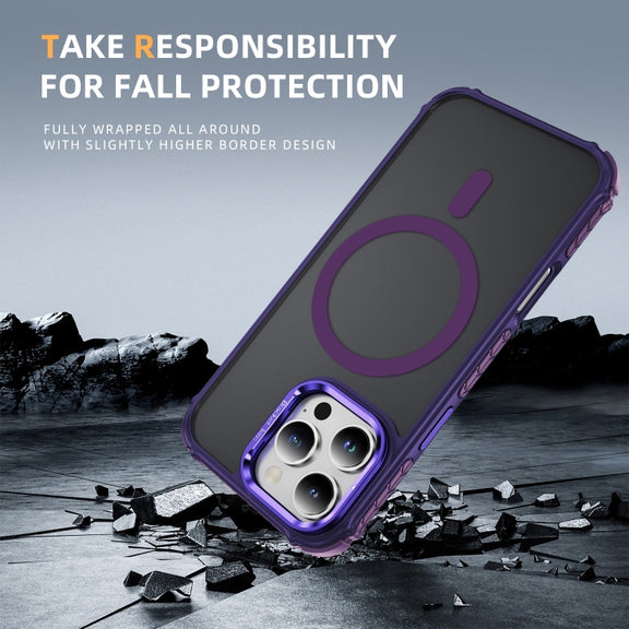 For iPhone 16 Pro Rainbow Series Skin Feel MagSafe Lens Holder Phone Case(Dark Purple)