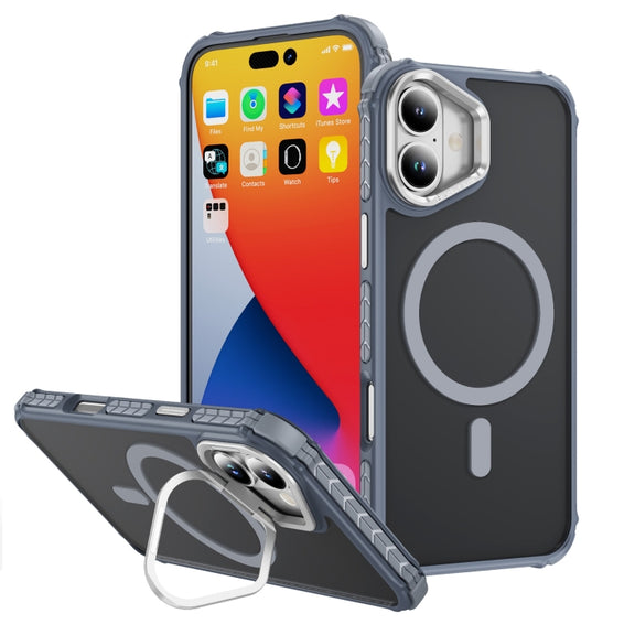 For iPhone 16 Rainbow Series Skin Feel MagSafe Lens Holder Phone Case(Grey)