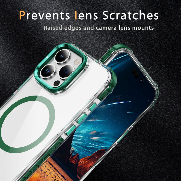 For iPhone 16 Pro Rainbow Series Transparent MagSafe Lens Holder Phone Case(Green)